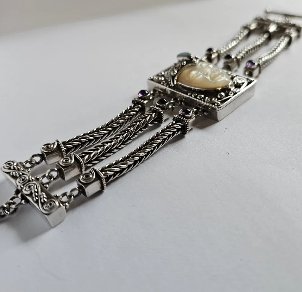 Sajan Multi-Strand Silver Carved Mother of Pearl Face Bracelet Amethys Chalcedon - Picture 5 of 5